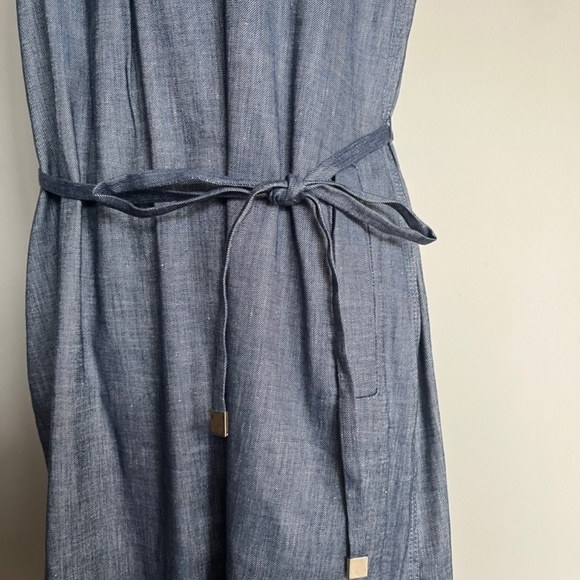 Lafayette 148 New York Blue Denim Pattern Rudy Linen Belted High Low Shift Dress - Picture 7 of 9